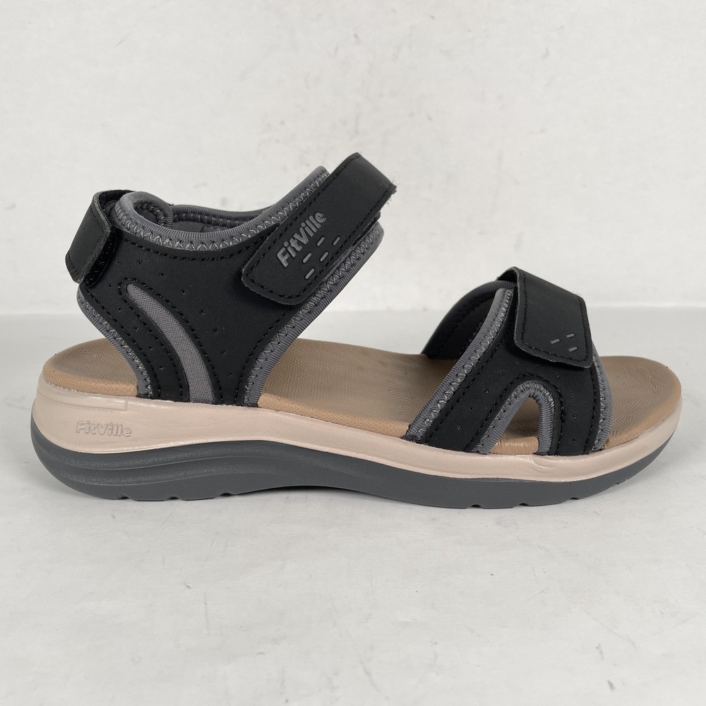 FitVille Sandals Womens Size 6  Wide Black Comfort Walking Ankle Strap Shoes